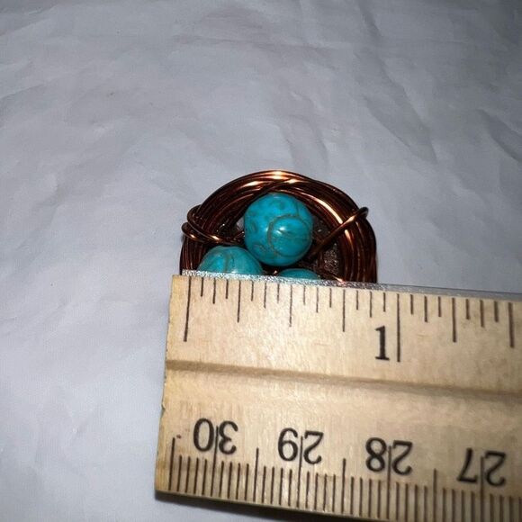 Vintage Copper Wire and Turquoise Bead Bird Nest Brooch - Picture 7 of 7